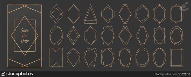 Gold polygonal frames collection isolated on dark grey background. Vector illustration in art deco style - perfect decision for wedding invitations, birthday cards, luxury posters etc.. Gold polygonal frames collection isolated on dark grey background.