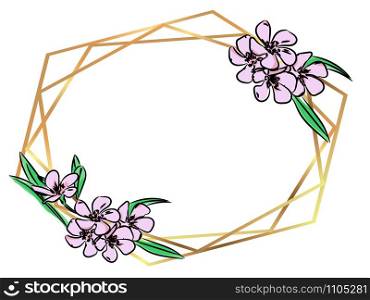 Gold polygonal modern card with flowers. Floral frame design. Triangles and geometric shapes. Vector illustration. Isolated on white background. Gold polygonal modern frame