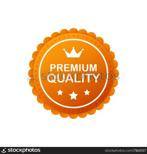 Gold premium quality rosette with red ribbon on white background. Vector stock illustration.