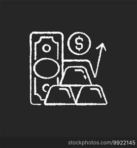 Gold price chalk white icon on black background. Calculating market value. Establishing gold purity. Metal spot price. Increasing asset quality. Isolated vector chalkboard illustration. Gold price chalk white icon on black background