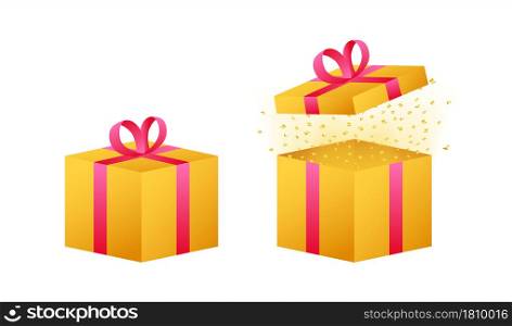 Gold prizes box in amazing style. Present gift box icon. Vector stock illustration. Gold prizes box in amazing style. Present gift box icon. Vector stock illustration.