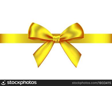 Gold realistic gift bow with horizontal ribbon isolated on white background. Vector golden holiday design element for banner, greeting card, poster.