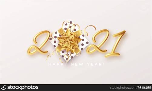 Gold realistic metallic text 2021 with gift box and golden bow. Vector illustration EPS10. Gold realistic metallic text 2021 with gift box and golden bow. Vector illustration