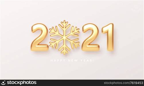 Gold realistic metallic text 2021 with golden snowflake. Vector illustration EPS10. Gold realistic metallic text 2021 with golden snowflake. Vector illustration