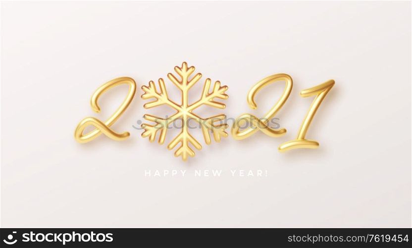 Gold realistic metallic text 2021 with golden snowflake. Vector illustration EPS10. Gold realistic metallic text 2021 with golden snowflake. Vector illustration
