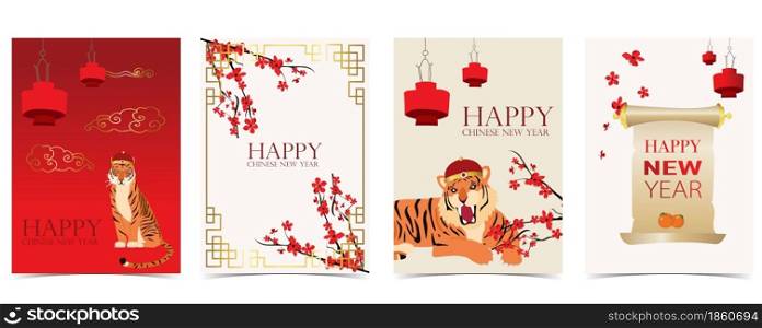 Gold red Chinese New Year card with tiger,flower,lunar.Editable vector illustration for website, invitation,postcard and sticker