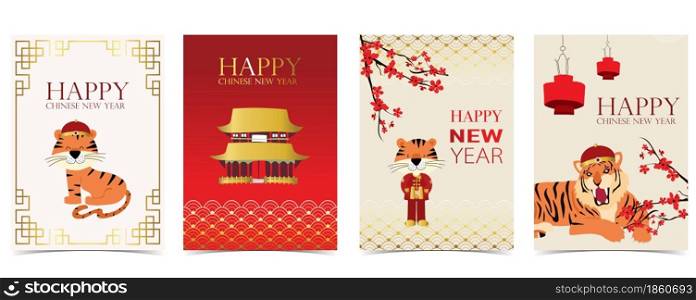 Gold red Chinese New Year card with tiger,flower,lunar,temple.Editable vector illustration for website, invitation,postcard and sticker
