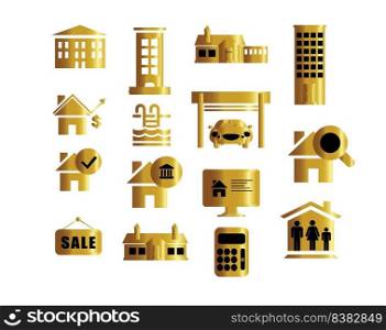 gold residential real estate icons set