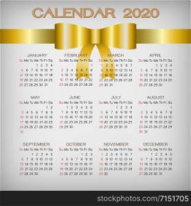 Gold ribbon 2020 calendar template, stock vector