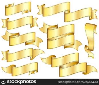 Gold ribbon set. Big set of gold ribbon on white background. Vector illustration.