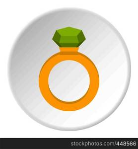 Gold ring with green gem icon in flat circle isolated vector illustration for web. Gold ring with green gem icon circle