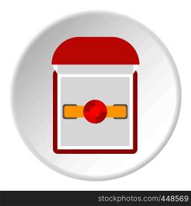 Gold ring with ruby in a red velvet box icon in flat circle isolated vector illustration for web. Gold ring with ruby in a red velvet box icon