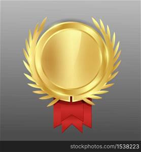 Gold round medal blank with wreath. Award with a red ribbon for the winner.. Gold round medal blank with wreath.