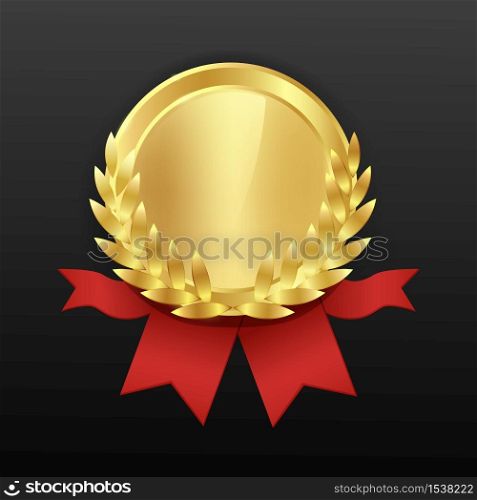 Gold round medal with a red ribbon and a wreath. Award form for rewarding.. Gold round medal with a red ribbon and a wreath.