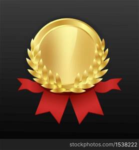 Gold round medal with a red ribbon and a wreath. Award form for rewarding.. Gold round medal with a red ribbon and a wreath.