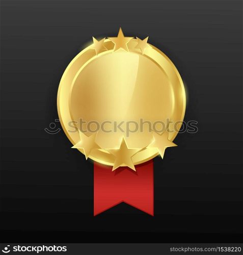 Gold round medal with a red ribbon. Reward for victory or achievement. Icon medal with stars.. Gold round medal with a red ribbon.