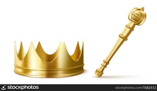Gold royal crown and scepter for king or queen. Vector realistic luxury golden corona and sceptre, medieval diadem for prince, princess or emperor and monarchy rod isolated on transparent background. Gold royal crown and scepter for king or queen