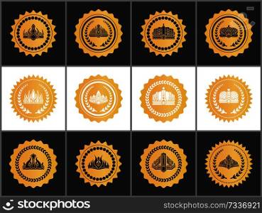 Gold royal quality approval marks with crowns set. Golden shiny seals with heraldic. Crowns and laurel branches approval marks vector illustrations.. Gold Royal Quality Approval Marks with Crowns Set