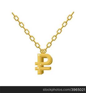 Gold ruble necklace decoration on chain. Expensive jewelry symbol of Russian money. Accessory precious yellow metal for Patriots. Fashionable Luxury treasure&#xA;