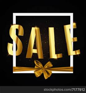 Gold sale text, advertisement banner with bow, vector illustration