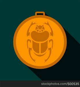 Gold scarab amulet icon in flat style on a blue background . Gold scarab amulet icon, flat style