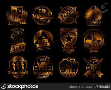 Gold school emblems, college athletic teams sports labels of collection isolated on black background. Vector illustration. Gold school emblems, college athletic teams sports labels isolated on black background