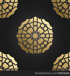 Gold seamless islamic pattern with radial ornament. Ramadan Kareem decoration ornament.. Gold seamless islamic pattern with radial ornament. Ramadan Kareem decoration ornament. Vector illustration.