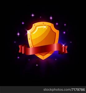 Gold shield and red ribbon slot icon for online casino or mobile game, vector illustration with sparkles on dark purple background. Gold shield and red ribbon slot icon for online casino or mobile game, vector illustration with sparkles on dark purple background.
