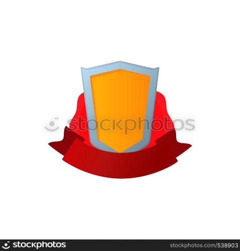 Gold shield with red ribbon and crown icon in cartoon style on a white background. Gold shield with red ribbon and crown icon
