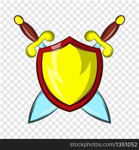 Gold shield with two crossed knight swords icon in cartoon style on a background for any web design . Gold shield with two crossed knight swords icon