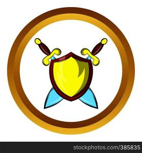 Gold shield with two crossed knight swords vector icon in golden circle, cartoon style isolated on white background. Gold shield vector icon, cartoon style
