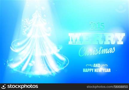 Gold shine fir-tree over blue christmas background. Vector illustration.