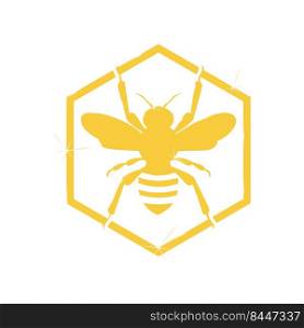 Gold shiny Bee icon inside the hexagon shape vector design illustrator