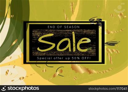 Gold shiny glitter sale advertisement banner on hand drawn background. Sale trendy poster with gold splashes and black frame. Rough colorful doodle fun special offer banner template.