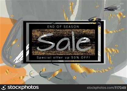 Gold shiny glitter sale advertisement banner on hand drawn background. Sale trendy poster with gold splashes and black frame. Rough colorful doodle fun special offer banner template.