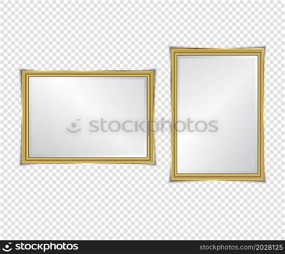 Gold shiny glowing frame with shadows isolated on transparent background. Gold luxury vintage style realistic border, photo, banner. illustration - Vector
