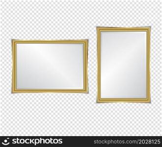 Gold shiny glowing frame with shadows isolated on transparent background. Gold luxury vintage style realistic border, photo, banner. illustration - Vector