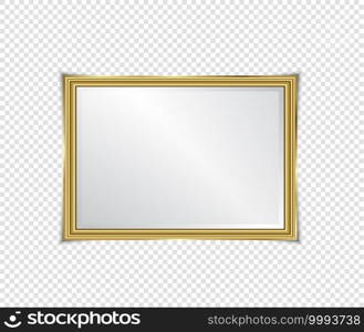 Gold shiny glowing frame with shadows isolated on transparent background. Gold luxury vintage style realistic border, photo, banner. illustration - Vector