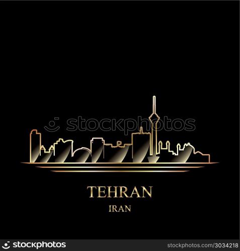 Gold silhouette of Tehran on black background vector illustration. Gold silhouette of Tehran on black background