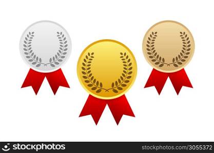 Gold, Silver and Bronze Award Medal Icon. Vector stock illustration. Gold, Silver and Bronze Award Medal Icon. Vector stock illustration.