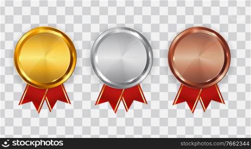 Gold, silver and bronze medal. Badge of the icon First, second and third place. Vector Illustration EPS10. Gold, silver and bronze medal. Badge of the icon First, second and third place. Vector Illustration