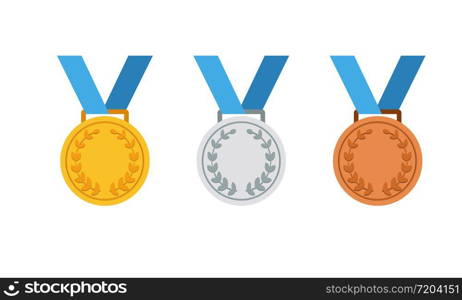 Gold, silver and bronze medal icon set. First, second and third place or award medals icon flat in modern colour design concept on isolated white background. EPS 10 vector. Gold, silver and bronze medal icon set. First, second and third place or award medals icon flat in modern colour design concept on isolated white background. EPS 10 vector.