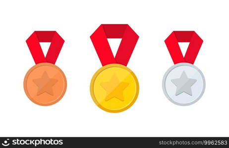 Gold, silver and bronze medal icon set. First, second and third place or award medals icon. Vector EPS 10. Gold, silver and bronze medal icon set. First, second and third place or award medals icon. Vector on isolated white background. EPS 10