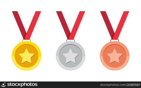 Gold, silver and bronze medal with star. Icon of coin or prize. Badge with ribbon for olympic game. Trophy and award for winner in flat style. 1st, 2nd and 3rd place. Vector.