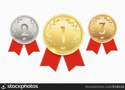 Gold, silver and bronze medals, championship awards with red ribbons, Vector illustration.
