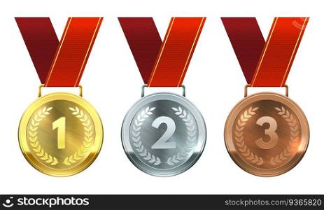 Gold, silver and bronze medals. First, second and third place awards, realistic round medals on red ribbons, ch&ionship reward vector set. Achievement for winner in competition or contest. Gold, silver and bronze medals. First, second and third place awards, realistic round medals on red ribbons, ch&ionship reward vector set
