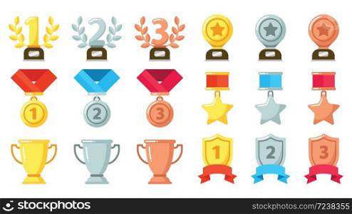 Gold, silver, bronze achievement or awards. Medals, trophies and rewards with olive wreath set for winner or champion in competition. First, second and third place icon in contest vector illustration. Gold, silver, bronze achievement or awards. Medals, trophies and rewards with olive wreath set for winner