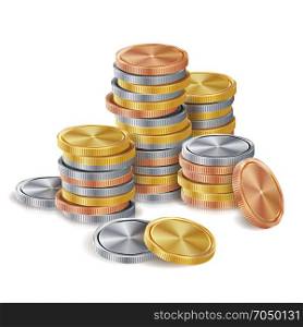 Gold, Silver, Bronze, Copper Coins Stacks Vector. Golden Finance Icons, Sign, Success Banking Cash Symbol. Realistic Isolated Illustration. Gold, Silver, Bronze, Copper Coins Stacks Vector. Finance Icons, Sign, Success Banking Cash Symbol. Investment Concept. Realistic Currency Isolated Illustration