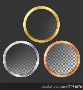 Gold, Silver, Bronze, Copper Metal Frames Vector. Round. Realistic Metallic Plates Illustration. Gold, Silver, Bronze, Copper Metal Frames Vector Square Realistic