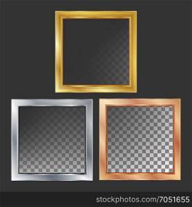 Gold, Silver, Bronze, Copper Metal Frames Vector. Square. Realistic Metallic Plates Illustration. Gold, Silver, Bronze, Copper Metal Frames Vector Square Realistic